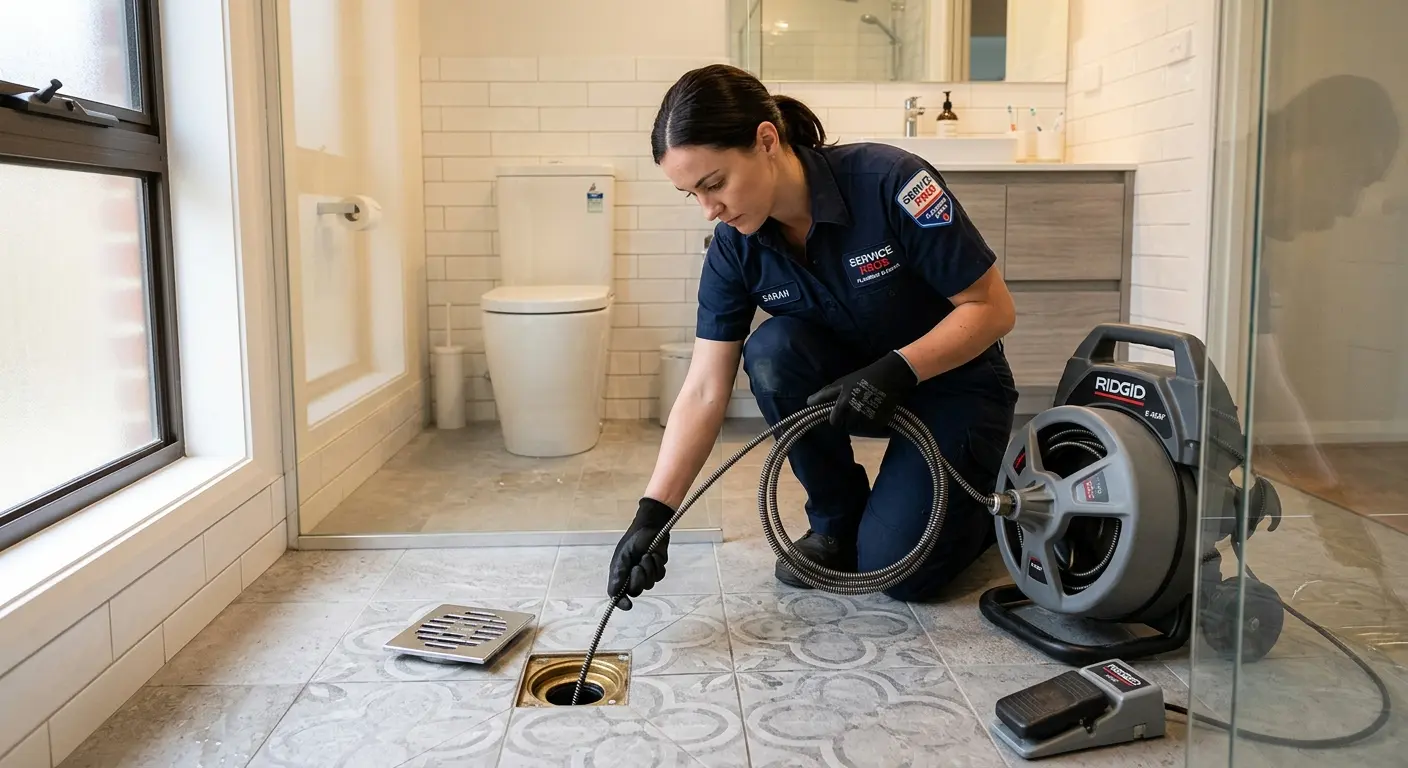Technician clearing a bathroom floor drain for Drain Repair in Mount Pleasant